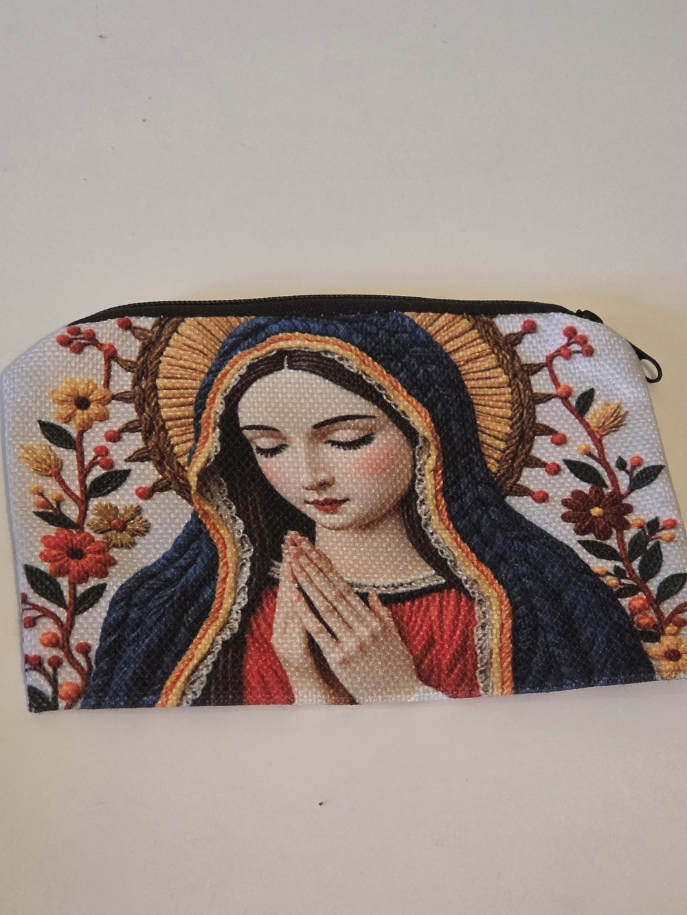 Prayer Virgin Mary Embroidered Cosmetic Pouch - Blue & Red